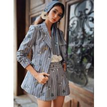 Urban Bohemian Temperament Capable Blue Stripes Embroidered Blazer for Women New Autumn 2025 DM2CJK003 w/o Set Shorts DM2CSP003