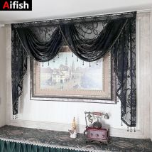 schwarze Spitze, durchsichtige Blumen-Volantvorhang, luxuriöser, mit Perlen besetzter, gewellter Wasserfall-Jakobsmuschelvorhang für Wohnzimmer, Stangentasche, Fenstervorhang oben