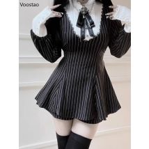 Japanischen Stil Gothic Y2k Lolita Gestreiften Kleid Shorts Set Süße Frauen Jirai Kei Schwarz Langarm Shirt Party Kleider Herbst
