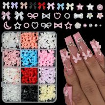 12 siatek/pudełko mix z żywicy kokardka do paznokci dekoracje artystyczne 3D akrylowe Charms Kawaii kolorowe kokardki Rhinestone DIY części narzędzia do Manicure