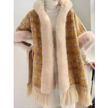 Women Faux Fur Collar Cape Poncho Winter Loose Out Street Wear Knitted Printed Sweater Striped Rabbit Velvet Cloak Coat With Hat