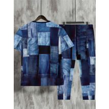 Summer New Men's Clothing Suit Patchwork Rags 3D Digital Print Two-piece Short Sleeve Trousers Round Neck T-shirt Trousers Suits