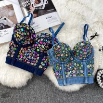 Hot Girl Sexy Retro Kreuz Denim Leibchen Frauen Oberbekleidung Design Schwere Industrie Perlen Bunte Diamant Kurze Ärmellose Weste Top