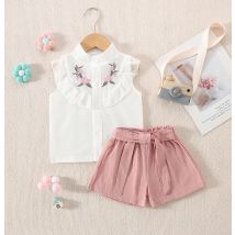 Sommer neue Mädchen zweiteiliges Set Spitze Blumen stickerei Bogen zweiteiliges Set lose lässige zweiteilige Shorts