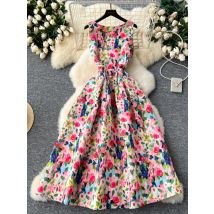 Women Sleeveless Elegant Dress Retro Elegant High Waisted Pleated Printed Formal Dresses Ladies Summer Slim A-line Long Robe