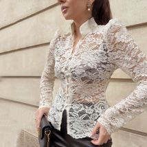Linad Elegant Sheer White Embroidery Blouses Women Autumn Street Chic Lace Stand Collar Shirt And Blouse 2025 Casual Tops Female