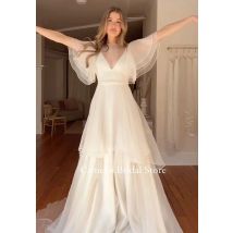 Cameos Fashion Korea Tiered Sleeves Organza Wedding Dresses V-Neck Floor Length Photo Shoot Corset Customized Bridal Gown