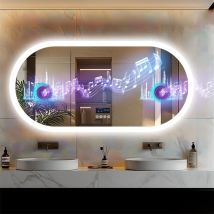 Espejo de baño grande Espejo de tocador LED ovalado montado en la pared con Bluetooth, pantalla digital, iluminación frontal trasera, antivaho para pasillo de hotel