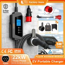 Feyree Typ2 EV-Ladegerät 22 kW 32 A 3-Phasen-EV-Ladegerät EVSE Tragbare Ladebox 5 m Kabel mit Buchse IEC62196-2 für Elektroauto