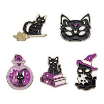 Witch Enamel Pin Punk Black White Cat Brooch Magic Hat Badge Book Wings Lapel Animal Goth Halloween Purple Crystal Jewelry Gift