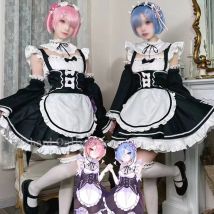 Ram Rem Lolita Maid Cosplay Kostüme Perücke Pecula Vestido Anime Re:zero Kara Hajimeru Isekai Seikatsu Cosplay Halloween Maid Kleid