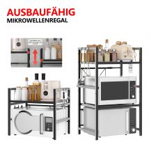 Scaffale per microonde a 3 livelli, supporto per forno a microonde regolabile allungabile per carichi pesanti, scaffale per unità di stoccaggio per organizer da cucina, 6 ganci