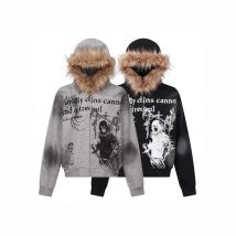 2025 personalized spray painted pattern hooded loose casual versatile couple style hooded sweatshirt Y2K, paired with a fringed