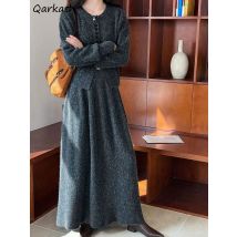 Elegante Kleid Sets für Frauen Herbst Winter Langarm Strickjacken Oansatz Knöchel-länge Röcke Elastische Taille Casual Koreanische Vintage