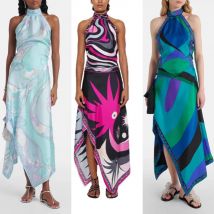 2025 New Print Satin Hanging Neck Halter Top Irregular Skirt Two Sets Two Piece Sets Womens Outifits Skirt Sets Skirt