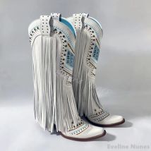 Embroidery Rhinestone Fringe Retro Boots Women Pointed Toe Chunky Heel Mixed Colors Slip On Western Cowboy Boots New Trend Boots