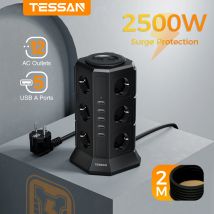 Presa multipla TESSAN Tower Presa multipla con 12 prese 5 porte USB Cavo di prolunga da 2 M Spina UE Presa elettrica verticale per la casa