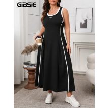 GIBSIE Plus Größe Frauen Kontrast Oansatz Ärmelloses A-Line Kleid 2025, Neue Sommer Mode Straße Sommerkleid Lange Casual Maxi Kleider