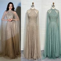 Elegantes arabisches A-Linie-Abendkleid mit Cape-Ärmeln 2024, für Frauen, Perlen, luxuriös, Dubai, formeller Abschlussball, Hochzeit, Partykleid, individuell gestaltet