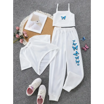 2025, Sommer Neues Mädchen-Set mit Schmetterlingsdruck, kurzärmelig, Kindermode, Hosenträgerweste, lange Hosen, lässiges dreiteiliges Set