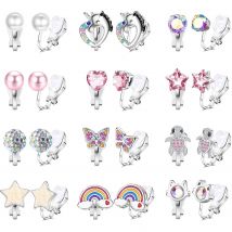 Drperfect 12Pairs Clip on Earrings for Women Cute CZ Cat Pearl Star Heart Turtle Butterfly Clip Earring Non Pierced Earrings Set