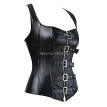 Lederkorsett Top Frau Reißverschluss Lederkorsett Schnalle Bustier SteamPunk Gothic Nietenkorsett Miederriemen Weste Plus Size Schwarz