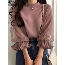 ZANZEA Frauen Elegante Party Bluse Vintage Mesh Rüschen 3/4 Hülse Tops 2024 Herbst Stehkragen Shirts Koreanische Version Lose Tunika