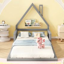 KOMHTOM 90x200 cm Letto per bambini Letto piatto a forma di casa in legno di pino massiccio grigio