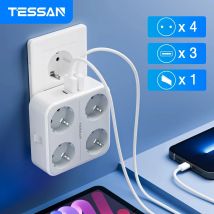 TESSAN USB-Wandsteckdosen-Extender mit 4 AC-Steckdosen + 3 USB-Anschlüssen, 5 V, 2,4 A-Adapter, 7-in-1-Steckdose, Ein/Aus-Schalter für das Heimbüro