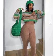 2-teiliges Damen-Set, langärmelig, gestreifter Pullover und Jogginghose, Anzüge, 2024, Winter, Fitness, aktive zweiteilige Lounge-Sets, Trainingsanzug