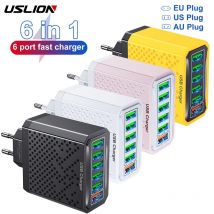 USLION 6 Ports 3,1 A USB Schnellladegerät Adapter 6 In1 Mulit EU/AU/US-Stecker Reiseladegerät für iPhone Xiaomi QC3.0 Schnellladung