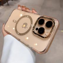 Custodia trasparente di lusso Bling Glitte per Magsafe per iPhone 17 Air 16 Pro 15 14 13 12 11 Pro Max Custodia con cornice per lenti placcatura in metallo con magnete