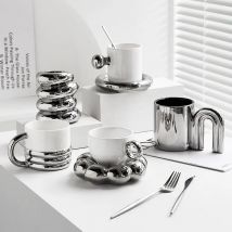 Neue INS Galvani Silber Kaffee Becher Mit Untertasse Tee Tasse Wasser Trinken Tassen Dessert Gericht Frühstück Milch Becher Mit Tablett