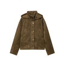 XNWMNZ 2025 Autumn Lady Commuting Fashion Long Sleeve Hooded Collar Suede Jacket Vintage Simple Winter Woman BROWN Casual Coat