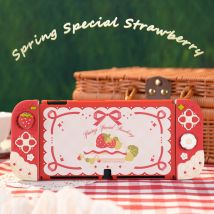 Geekshare Spring Strawberry Silikon-Schutzhülle und JoyCon-Abdeckung für Nintendo Switch/OLED mit 1 Paar maßgeschneiderten Daumengriffen