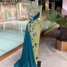 Wunderschönes Kontrastfarben-Abendkleid mit Schleppe Gelbes Langarm-Meerjungfrauenkleid Kristall-Partykleid Cocktailkleid 2025