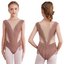 Body per danza latina per balletto per bambina, costume da performance di pattinaggio di figura, strass lucidi, nappa, ginnastica, body da ballo