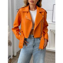Fitaylor Frühling Herbst Frauen PU Leder Jacke Dame Revers Motorrad Leder Outwear Casual Orange Mantel