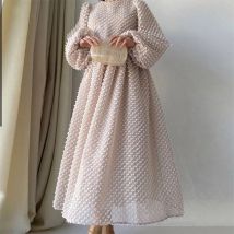 Casual O-neck Jacquard Loose Dress 2024 Autumn Lantern Sleeve Solid Color Commuter Dress Fashion High Waist Pleated Long Dresses