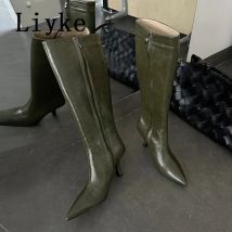 Liyke Nuove scarpe verdi per donna Stivali alti al ginocchio Elegante punta a punta Zip Stivaletti moda Festa femminile Tacchi bassi sottili Taglia 35-43