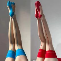 Vintage Cuban Heel Back Naht Oberschenkel Hohe Strümpfe Öl Glänzende Ultra Dünne Transparente Seide Strumpfwaren Frauen Sexy Patchwork Dessous