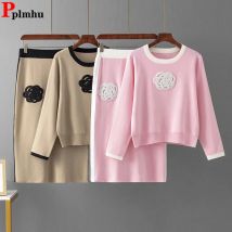 Koreanisches Design Gestrickte 2-teilige Sets Frauen Oansatz Strickwaren Stickerei Pullover Pullover Conjuntos Casual Hohe Taille Röcke Outfit
