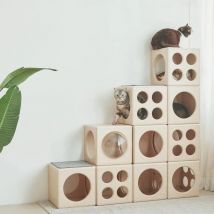 Halbgeschlossene Katzenhaus-Baustein-Kombination aus Holz, DIY-Produkte, Katzen-Klettergerüst, Nest-Tunnel, Labyrinth, Weltraumkratzer