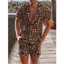 Herren Leopard 3D-Druck 2-teilig Sommer Hawaiihemd Kurzarm Kurze Hosen Set Turndown Tropical Fashion Beach Blau Lila Braun