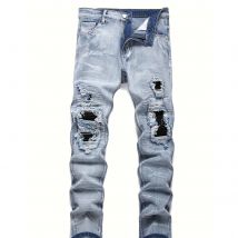 Men‘s Stretchy Denim Jeans Streetwear Tearing Patchwork Holes Ripped Denim Elastic Waist Casual Pants Slim fit Straight Trousers