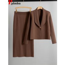 Elegante Chic Gestrickte 2-teilige Sets Frauen Revers Hals Langarm Strickwaren Strickjacke Tops Conjuntos Feste Hohe Taille Röcke Outfit