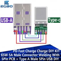 Da 1 a 5 set connettore maschio USB tipo C PD 65W 5A, saldatura PCB a 5 pin, kit di ricarica dati OTG fai da te, USB tipo A maschio a 5 pin per fai da te