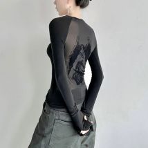 Korean Fashion Print Zurück Mesh Spleißen Tops Herbst Langarm Streetwear T Shirt Frauen Kleidung Y2k Schlank Backless T Shirt Femme