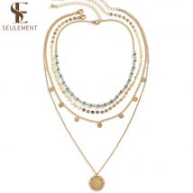 Seulement vergoldete Layering-Halsketten für Frauen, böhmischer Stil, türkisfarbene Curb-Link-Quasten, Kette, Kreis-Anhänger für Frauen
