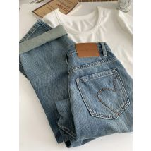 Straight Jeans mit hoher Taille für Frauen Frühling entspannt schlanke bestickte Hose mit weitem Bein